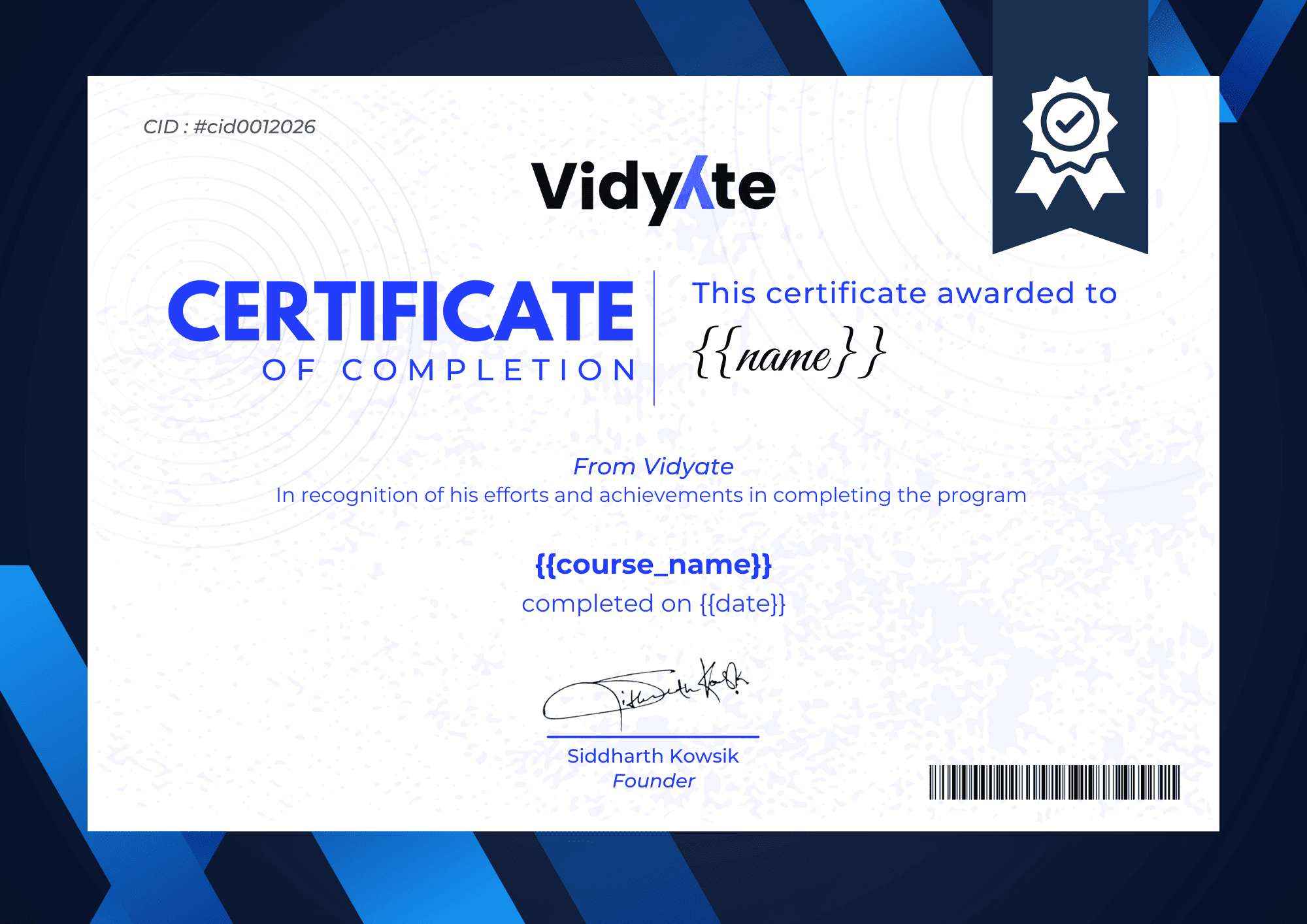 Vidyate Certificate